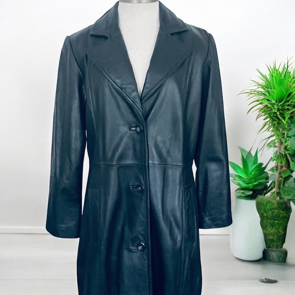 WINLIT New York Size Medium Black Leather Trench Coat Mob Wife Matrix 80s VGC - Picture 4 of 14